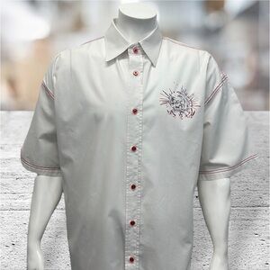 Koman White Red Stitched Short Sleeve Men's Button Up Shirt Size 2XL XXL READ